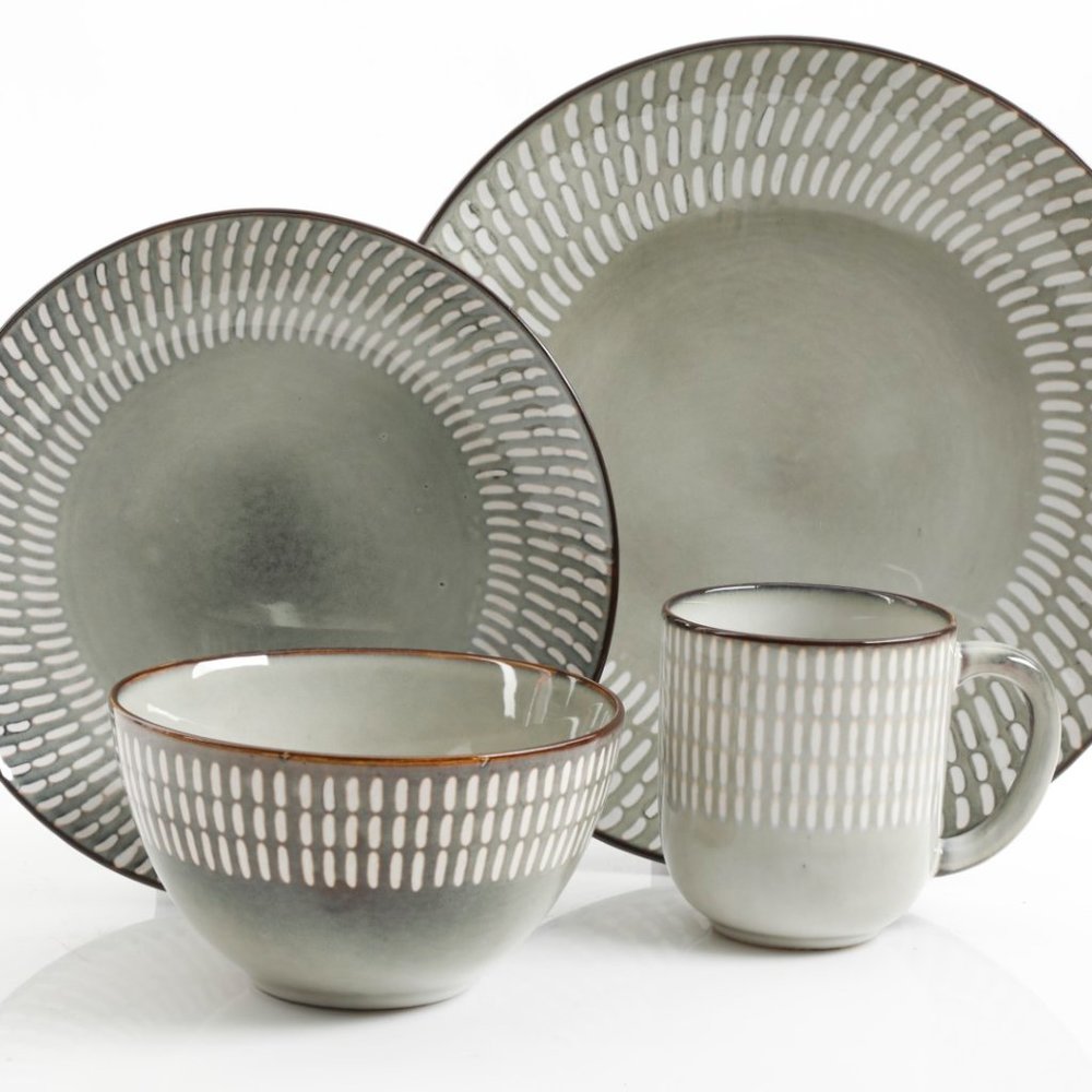 GE FANTASIA - 16 PC DW SET - GREY - RD - EMBOSSED - REACTIVE - STONEWARE - GBX